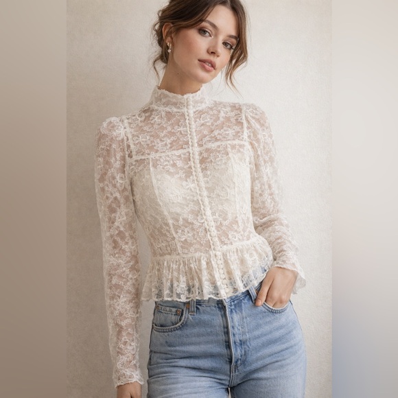 Tops - Vintage sheer lace, victorian, romantic cottagecore top